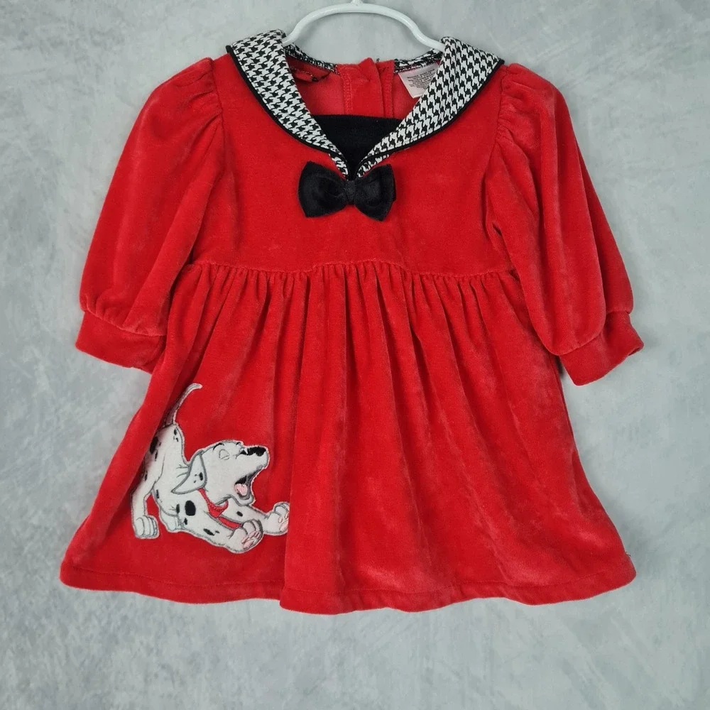 Vntg Disney 101 Dalmatians Dress Girls 12M Red Velour Houndstooth Collar Bow 90s